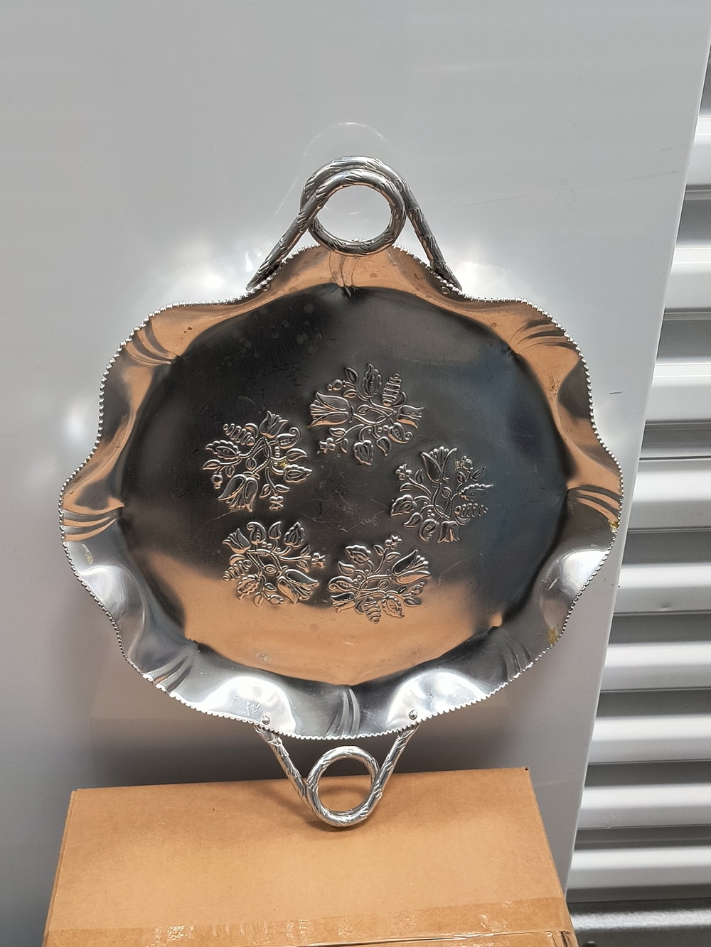 Vintage 1950 Hammered Aluminum Silver-Tone Serving Tray with Floral Medallions